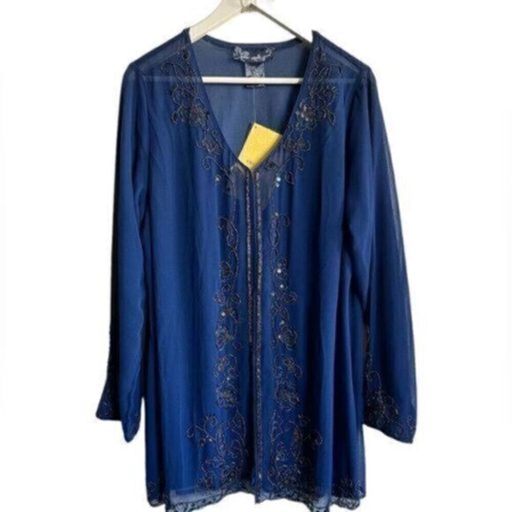 NWT - Susan Graver Navy Long Sleeve Kimono Cardigan with Bead Detail - Size M - Picture 4 of 8